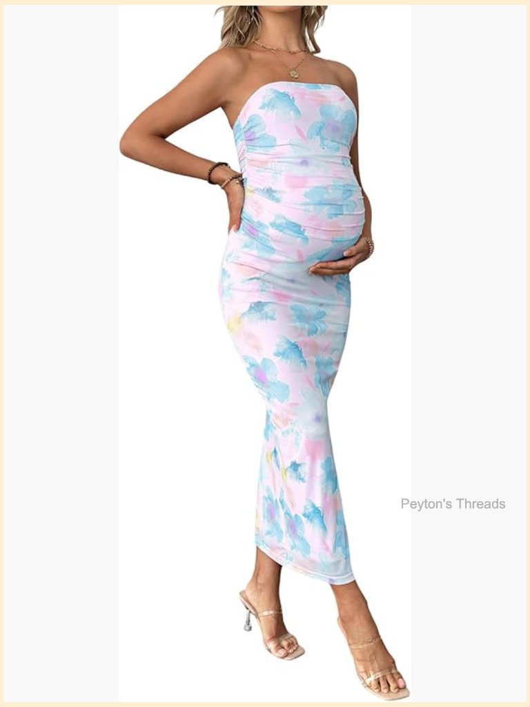 Ruched Bodycon Maternity Maxi Dress Strapless Sleeveless Split